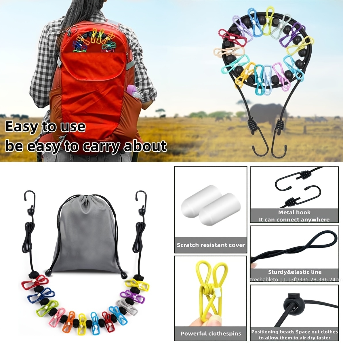 Camping Outdoor Or Indoor - 2-piece camping portable clothesline, equipped with